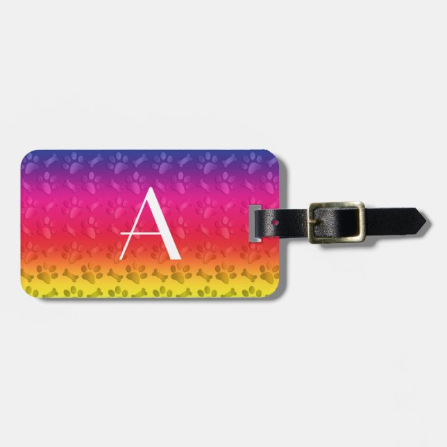Monogram shiny rainbow dog paw prints luggage tag (Front Horizontal)