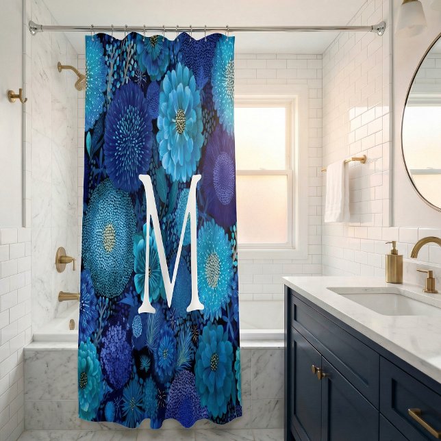 Monogram Shower Curtain  floral navy blue  (Creator Uploaded)