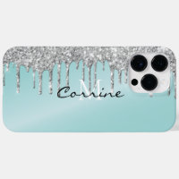 Monogram Silver Aqua Blue Glitter Drip Android +