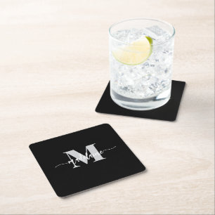 Monogram Silver Black White Personal Square Paper Coaster