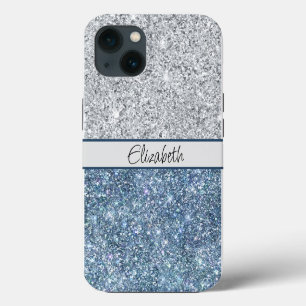 Monogram Silver Blue Glitter Trendy Chic Stylish iPhone 13 Case