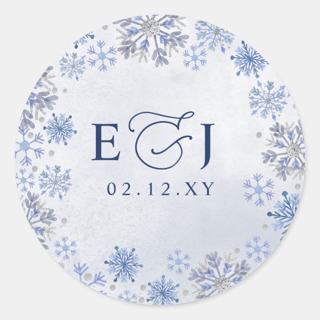 Monogram Silver Blue Snowflakes Winter Wedding Classic Round Sticker (Front)