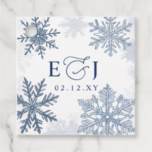 Monogram Silver Blue Snowflakes Winter Wedding Favour Tags