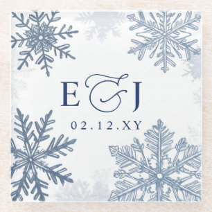 Monogram Silver Blue Snowflakes Winter Wedding Glass Coaster