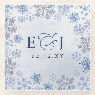 Monogram Silver Blue Snowflakes Winter Wedding Glass Coaster