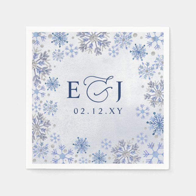 Monogram Silver Blue Snowflakes Winter Wedding Napkin (Front)