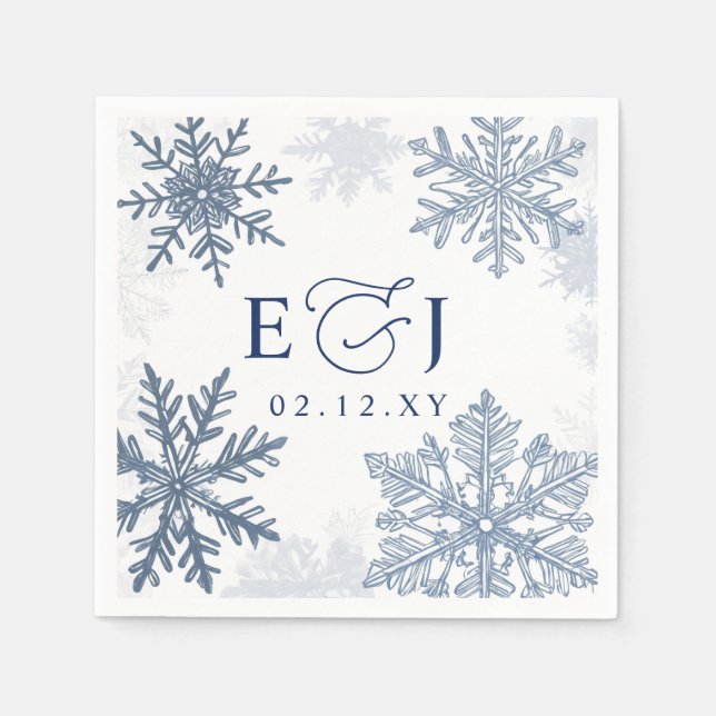 Monogram Silver Blue Snowflakes Winter Wedding Napkin (Front)