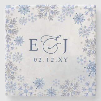Monogram Silver Blue Snowflakes Winter Wedding Stone Coaster