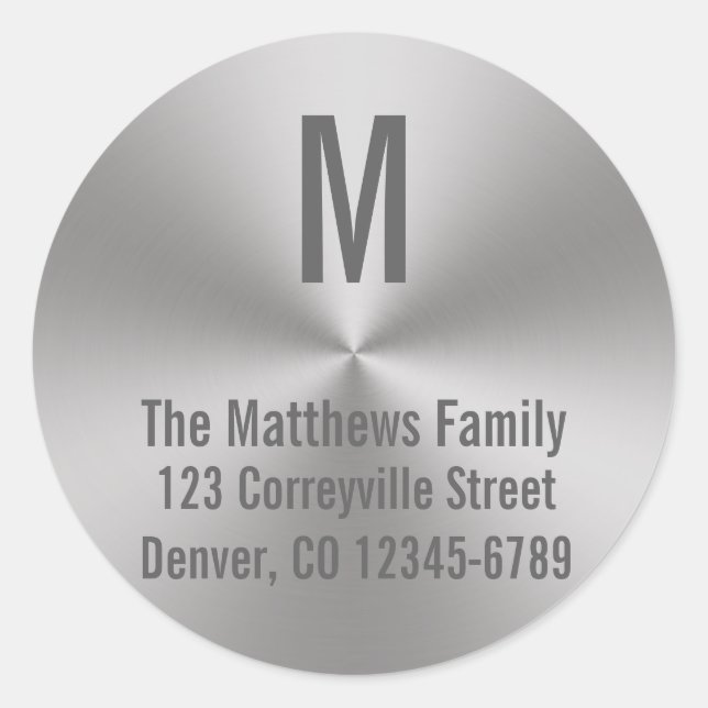 Monogram Silver Brushed Metal Look |Radial Address Classic Round Sticker (Front)