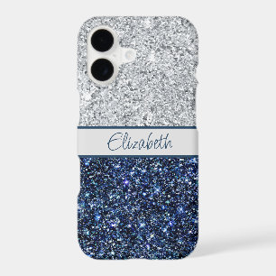 Monogram Silver Dark Blue Glitter Trendy Chic 