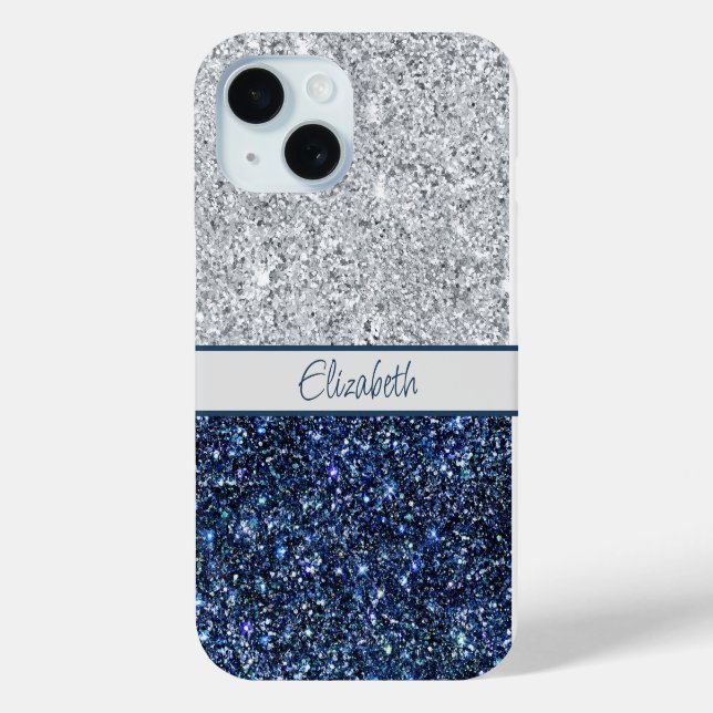 Monogram Silver Dark Blue Glitter Trendy Chic  Case-Mate iPhone Case (Back)