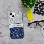 Monogram Silver Dark Blue Glitter Trendy Chic  iPhone 15 Case<br><div class="desc">A fun trendy stylish silver and blue glitter monogrammed Samsung Galaxy  phone case.  Available in all current Samsung galaxy phone case sizes.</div>