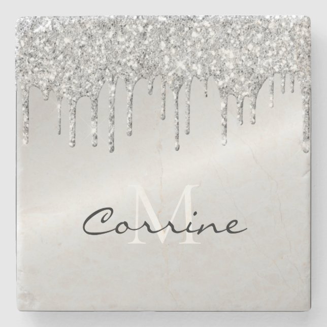 Monogram Silver Dripping Glitter Metallic Platinum Stone Coaster (Front)