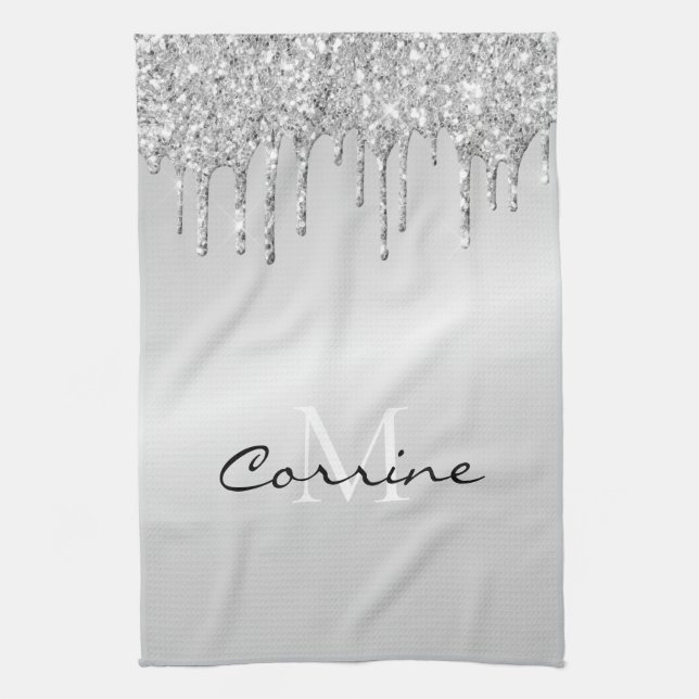Monogram Silver Dripping Glitter Metallic Platinum Tea Towel (Vertical)