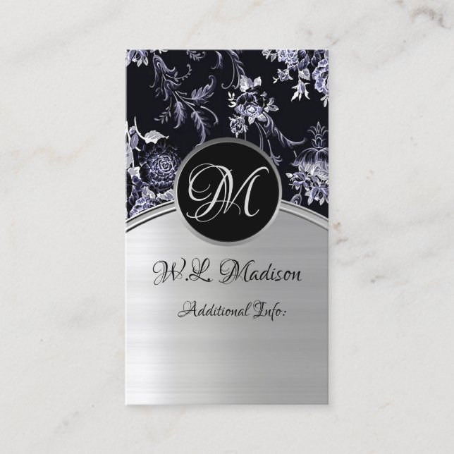 Monogram Silver Floral Business Card 4 (Front)