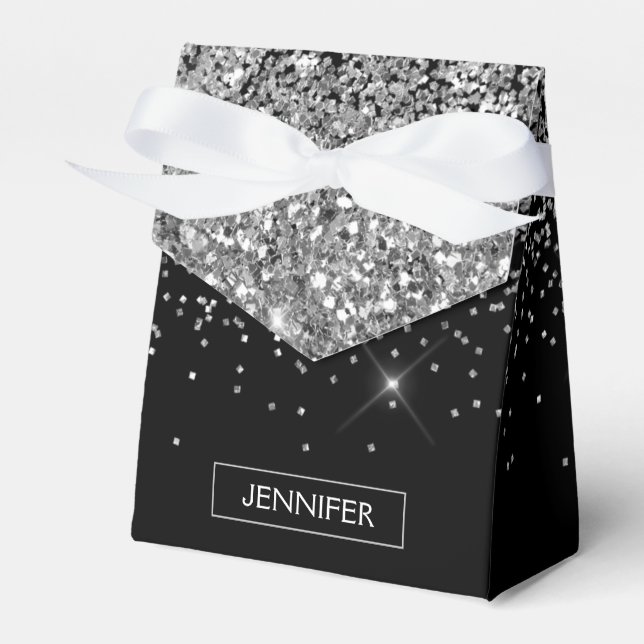 Monogram Silver Glam Glitter Sparkle Name Favour Box (Front Side)