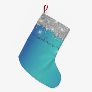 Monogram Silver Glitter Blue Turquoise Ombre Name Small Christmas Stocking