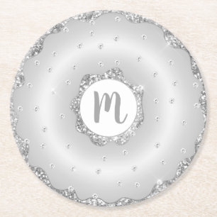 Monogram silver glitter doughnut chic script girly round paper coaster