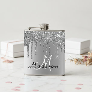 Monogram Silver Glitter Drips Girly Sparkle Hip Flask