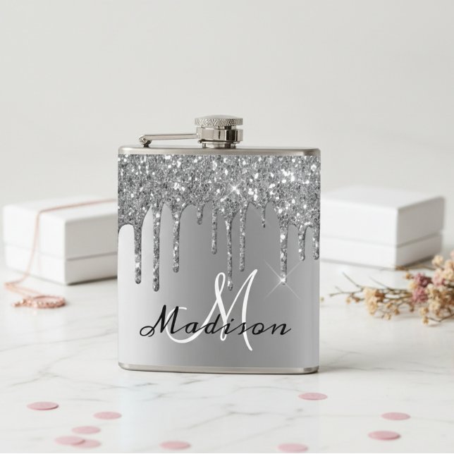 Monogram Silver Glitter Drips Girly Sparkle Hip Flask (Creator Uploaded)