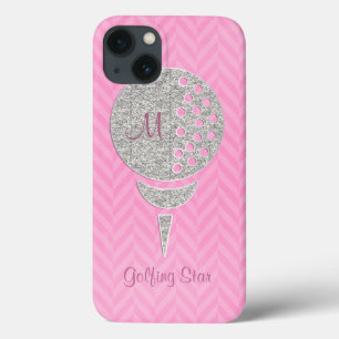 Monogram Silver Glitter Golf Ball on Pink Chevron iPhone 13 Case
