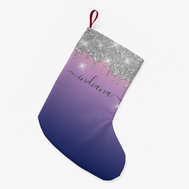 Monogram Silver Glitter Holiday Keepsake Purple Small Christmas Stocking (Front (Hanging))
