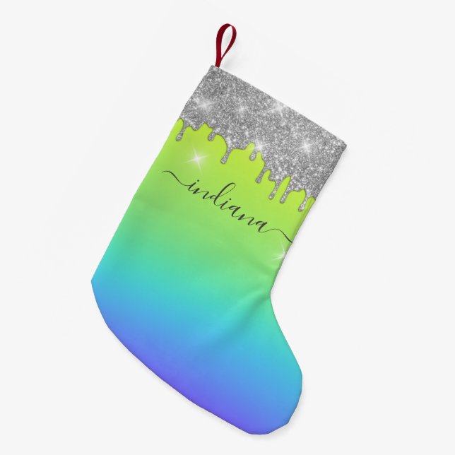 Monogram Silver Glitter Holiday Script Name Ombre Small Christmas Stocking (Front (Hanging))