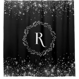 Monogram Silver Glitter In Black Background  Shower Curtain