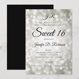 Monogram Silver Glitter Lights Sweet 16 Birthday Invitation