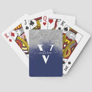 Monogram Silver Glitter Navy Blue Sparkle Custom Playing Cards