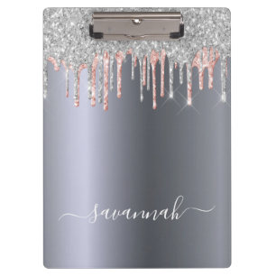 Monogram silver glitter rose gold script name clipboard