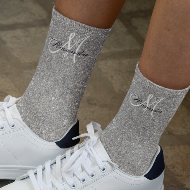 Monogram Silver Glitter Sparkle Personalised Socks (Creator Uploaded)