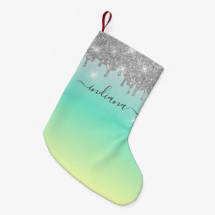 Monogram Silver Glitter Turquoise Ombre Name Small Christmas Stocking