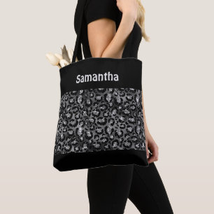 Monogram Silver Grey Black Leopard Print Cheetah Tote Bag
