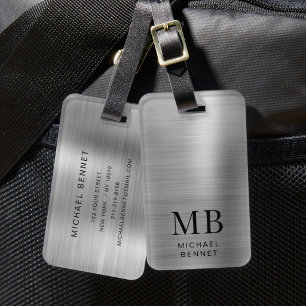Monogram Silver Grey Brushed Faux Metallic Print Luggage Tag