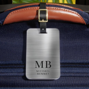 Monogram Silver Grey Brushed Faux Metallic Print Luggage Tag