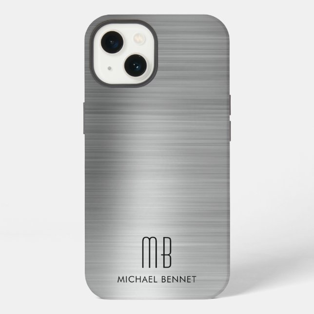 Monogram Silver Grey Brushed Metal iPhone Case (Back)