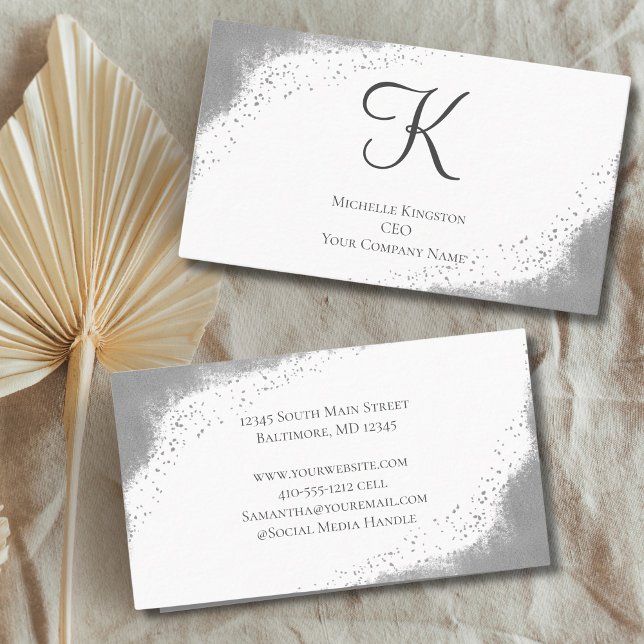 Monogram Silver Grey Glitter Glam Trendy Women's Business Card (Monogram Initial silver glitter Women's business card)