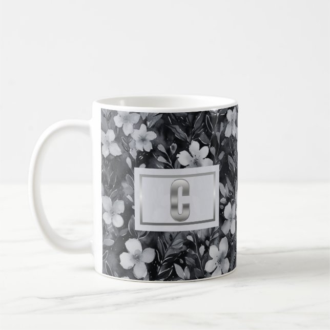 Monogram Silver Letter Floral Watercolor Coffee Mug (Left)
