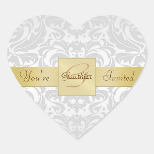 Monogram Silver Metal Damask Heart Sticker