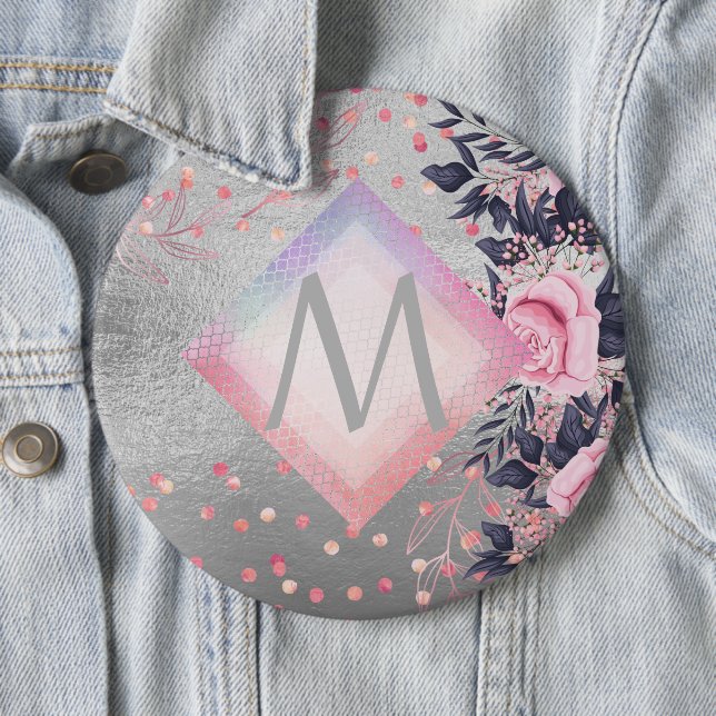 Monogram Silver Navy Rosegold Girly Newlyweds Gift 6 Cm Round Badge (In Situ)