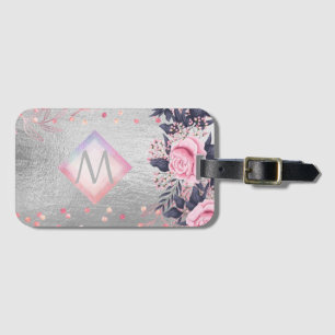 Monogram Silver Navy Rosegold Girly Newlyweds Gift Luggage Tag