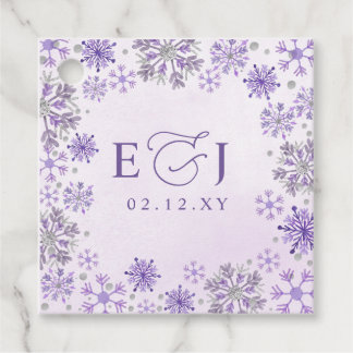 Monogram Silver Purple Snowflakes Winter Wedding Favour Tags