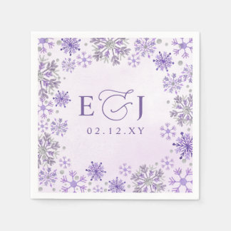 Monogram Silver Purple Snowflakes Winter Wedding Napkin