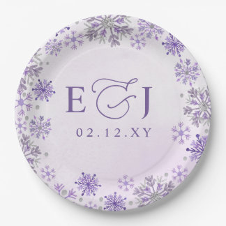 Monogram Silver Purple Snowflakes Winter Wedding Paper Plate
