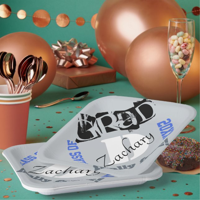 Monogram Silver Royal Blue Graduation Year Paper Plate (Multi)