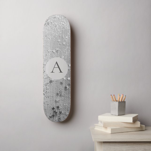 Monogram Silver Stardust Glitter on Silver Burlap Skateboard (Wall Art)