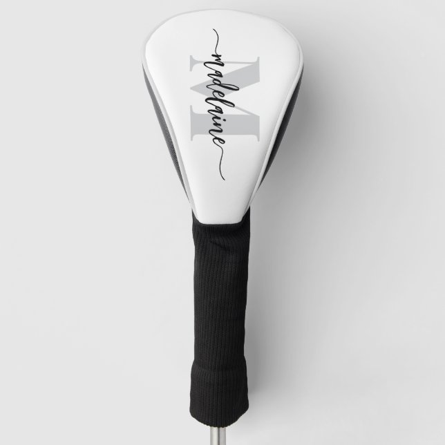 Monogram Silver White Black Personal Golf Head Cover (Front)