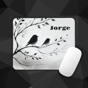 Monogram Simple Black and White Birds in Trees Mouse Pad