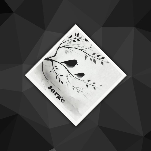 Monogram Simple Black and White Birds in Trees |  Napkin (Creator Uploaded)